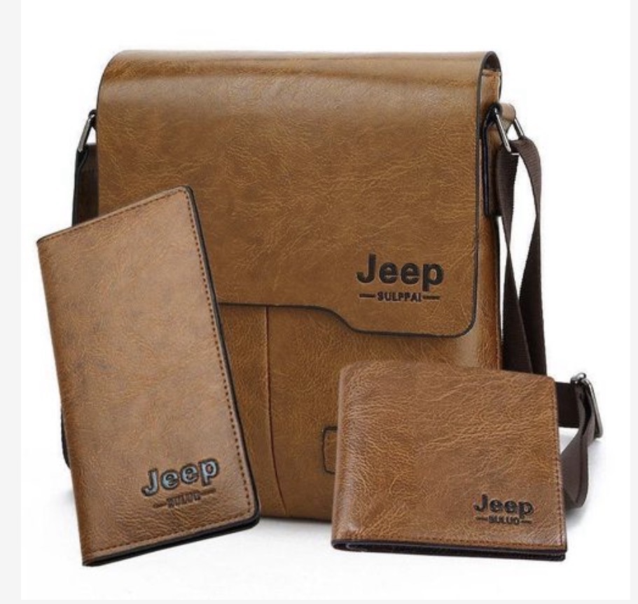 Mens business pu leather briefcas shoulder bag wallet card holder threepiece set